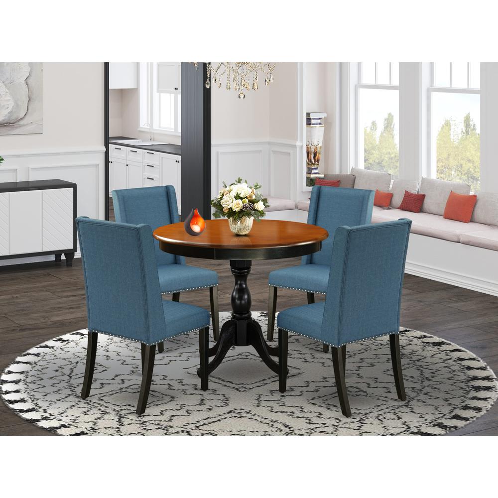 East West Furniture 5-Piece Wooden Dining Set Consists of a Kitchen Dining Table and 4 Blue Linen Fabric Dining Room Chairs with High Back - Black Finish. Picture 2