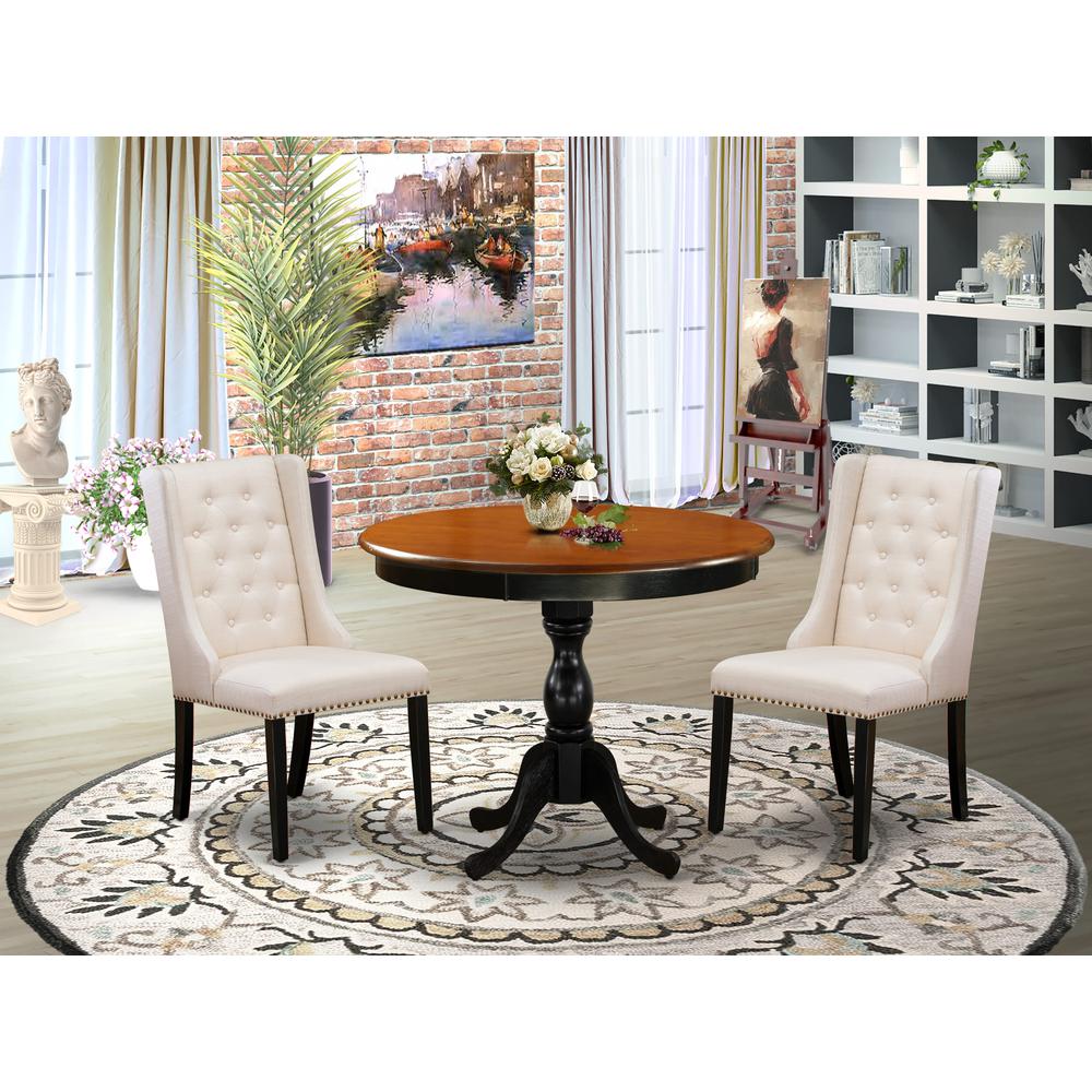 East West Furniture 3-Pc Wooden Dinette Set Consists of a Dinette Table and 2 Cream Linen Fabric Mid Century Modern Chairs with Button Tufted Back - Black Finish. Picture 2
