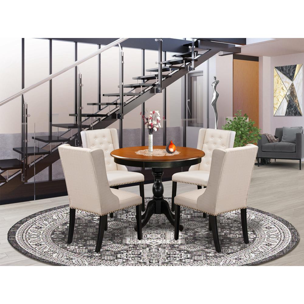 East West Furniture 5-Piece Modern Dining Table Set Contains a Wood Dining Table and 4 Cream Linen Fabric Dining Room Chairs with Button Tufted Back - Black Finish. Picture 2
