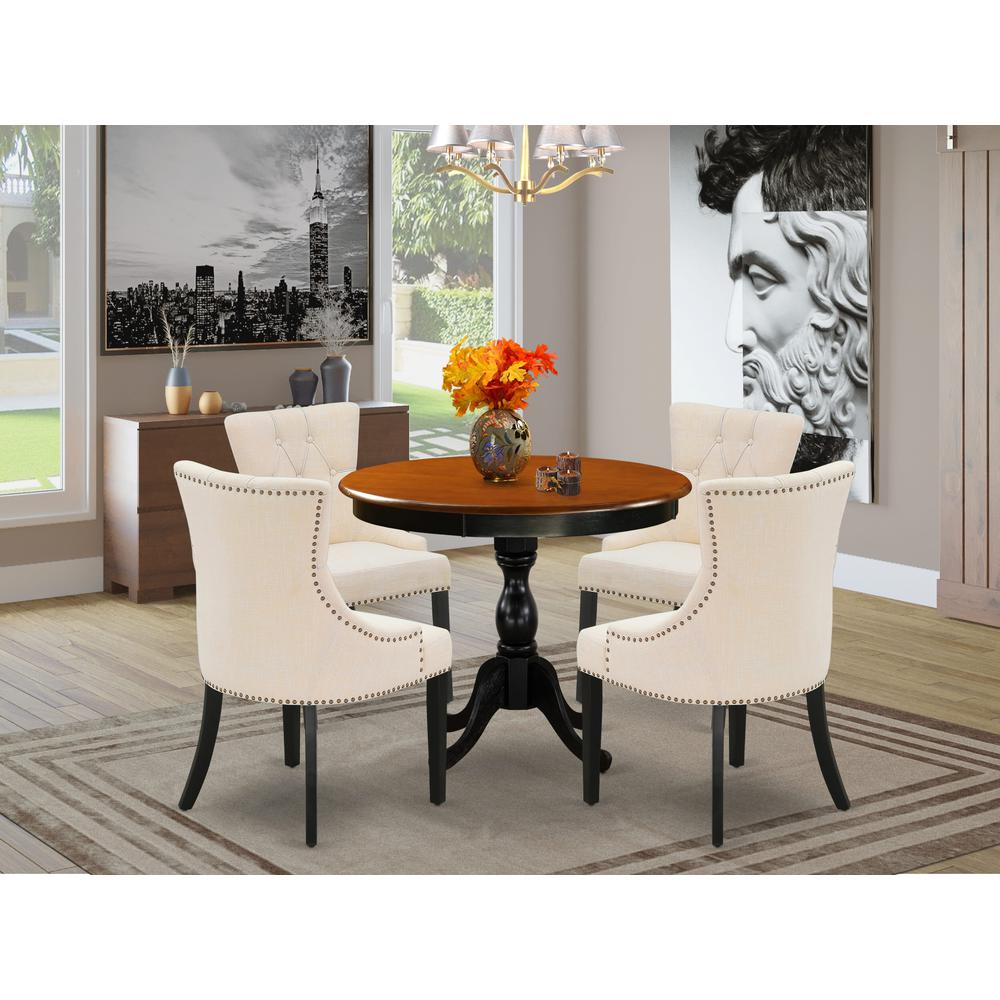 East West Furniture 5-Piece Round Dining Table Set Contains a Dining Room Table and 4 Light Beige Linen Fabric Dining Chairs with Button Tufted Back - Black Finish. Picture 2