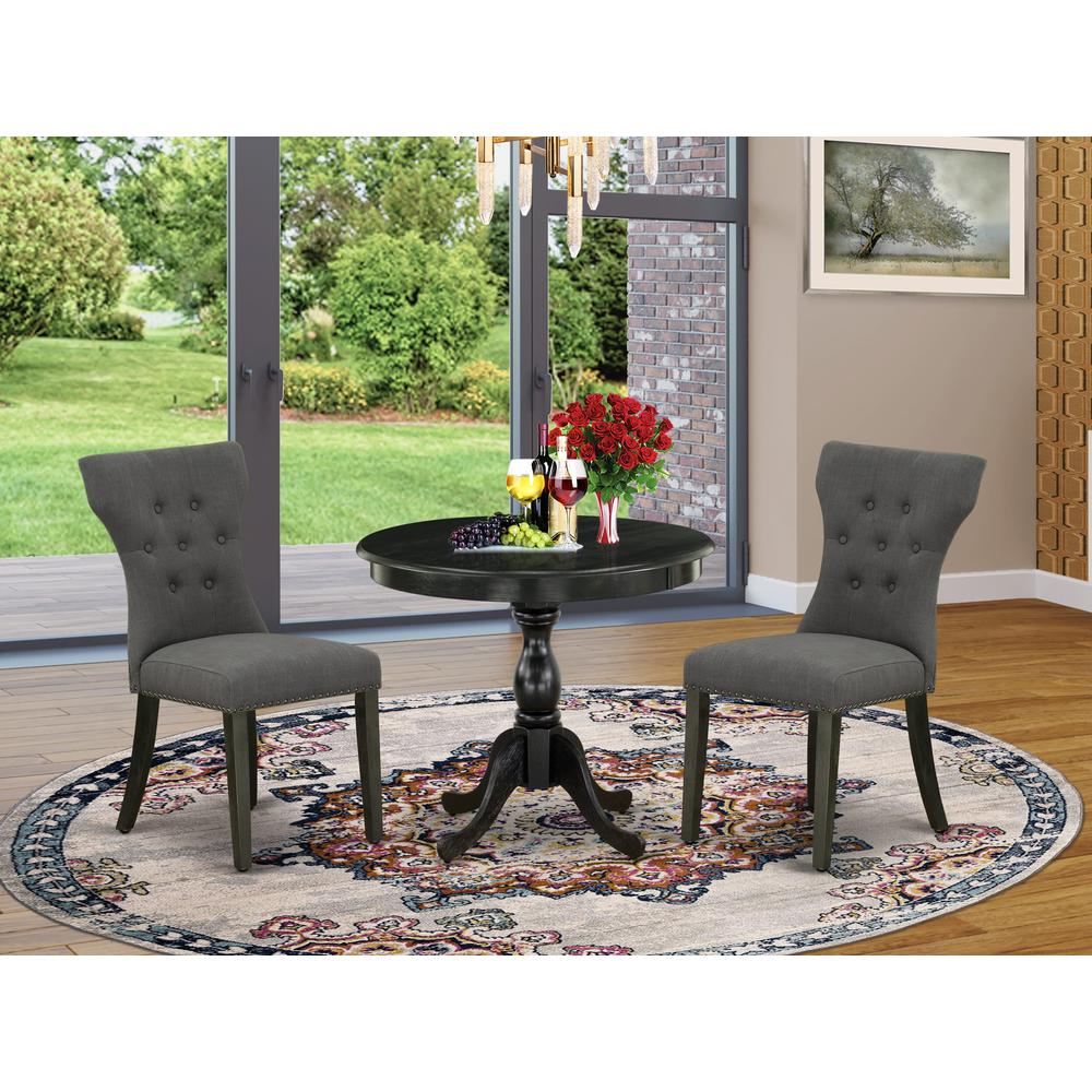 East West Furniture 3 Piece Dining Set Contains 1 Dining Table and 2 Dark Gotham Grey Linen Fabric Dining Chairs Button Tufted Back with Nail Heads - Wire Brushed Black Finish. Picture 2