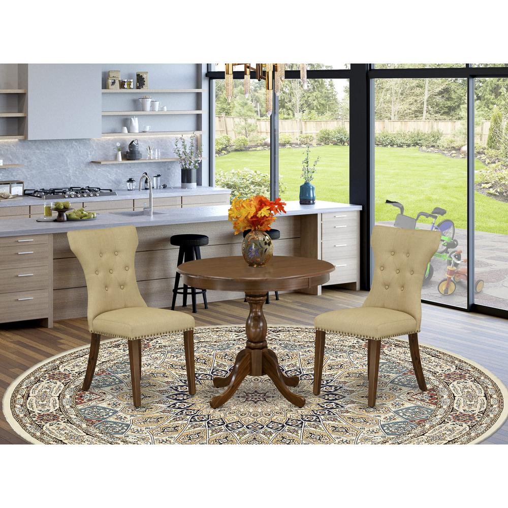 East West Furniture 3 Piece Dinning Room Table Set Contains 1 Dining Table and 2 Brown Linen Fabric Parson Dining Chairs Button Tufted Back with Nail Heads - Acacia Walnut Finish. Picture 2