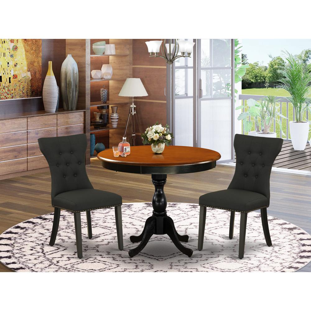 East West Furniture 3-Pc Dinning Room Set Includes a Wooden Table and 2 Black Linen Fabric Dining Room Chairs with Button Tufted Back - Black Finish. Picture 2