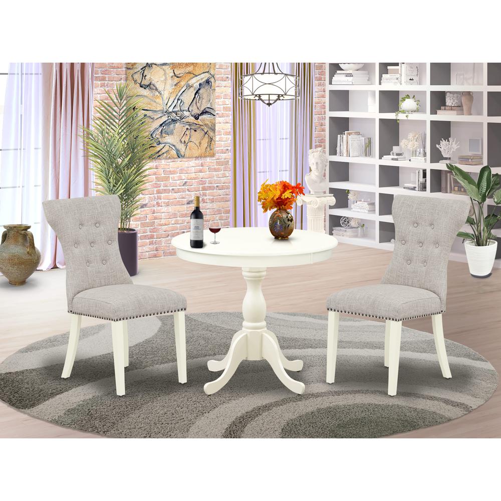 AMGA3-LWH-35 3 Pc Wood Dining Table Set - 1 Dining Table and 2 Doeskin Upholstered Chairs - Linen White Finish. Picture 2