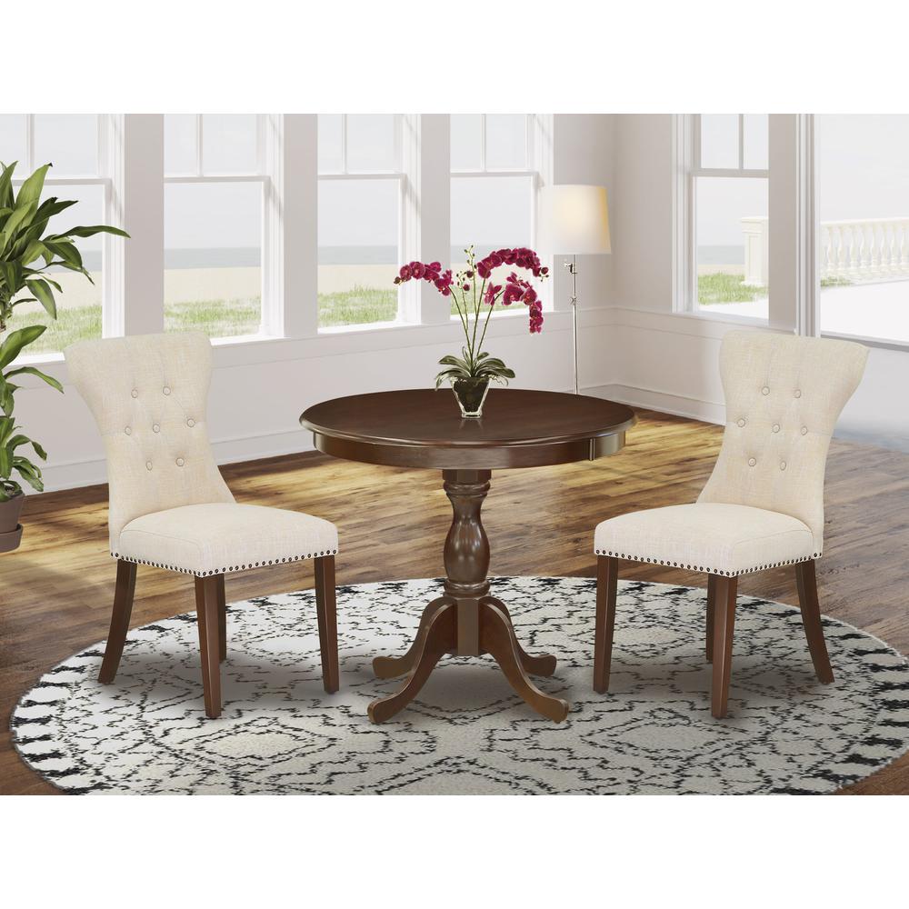 AMGA3-MAH-32 3 Piece Dining Set - 1 Mid Century Dining Table and 2 Light Beige Dining Chairs - Mahogany Finish. Picture 7