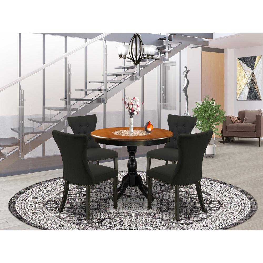 East West Furniture 5-Piece Dinette Set Consists of a Modern Dining Table and 4 Black Linen Fabric Upholstered Dining Chairs with Button Tufted Back - Black Finish. Picture 2
