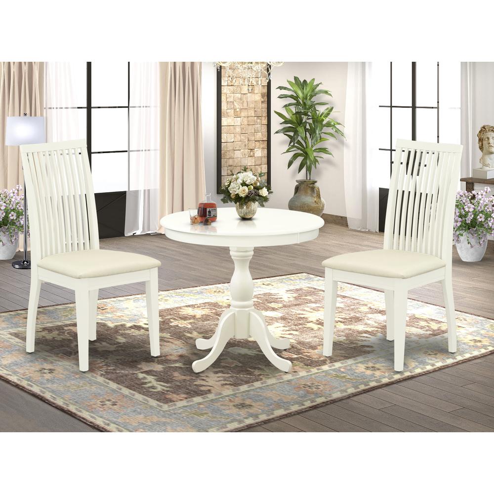 AMIP3-LWH-C 3 Piece Dining Table Set - 1 Dinner Table and 2 Linen White Kitchen Chairs - Linen White Finish. Picture 2
