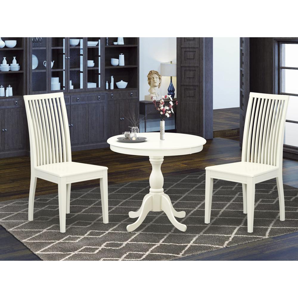 AMIP3-LWH-W 3 Piece Dining Room Set - 1 Wood Table and 2 Linen White Wood Dining Chairs - Linen White Finish. Picture 4