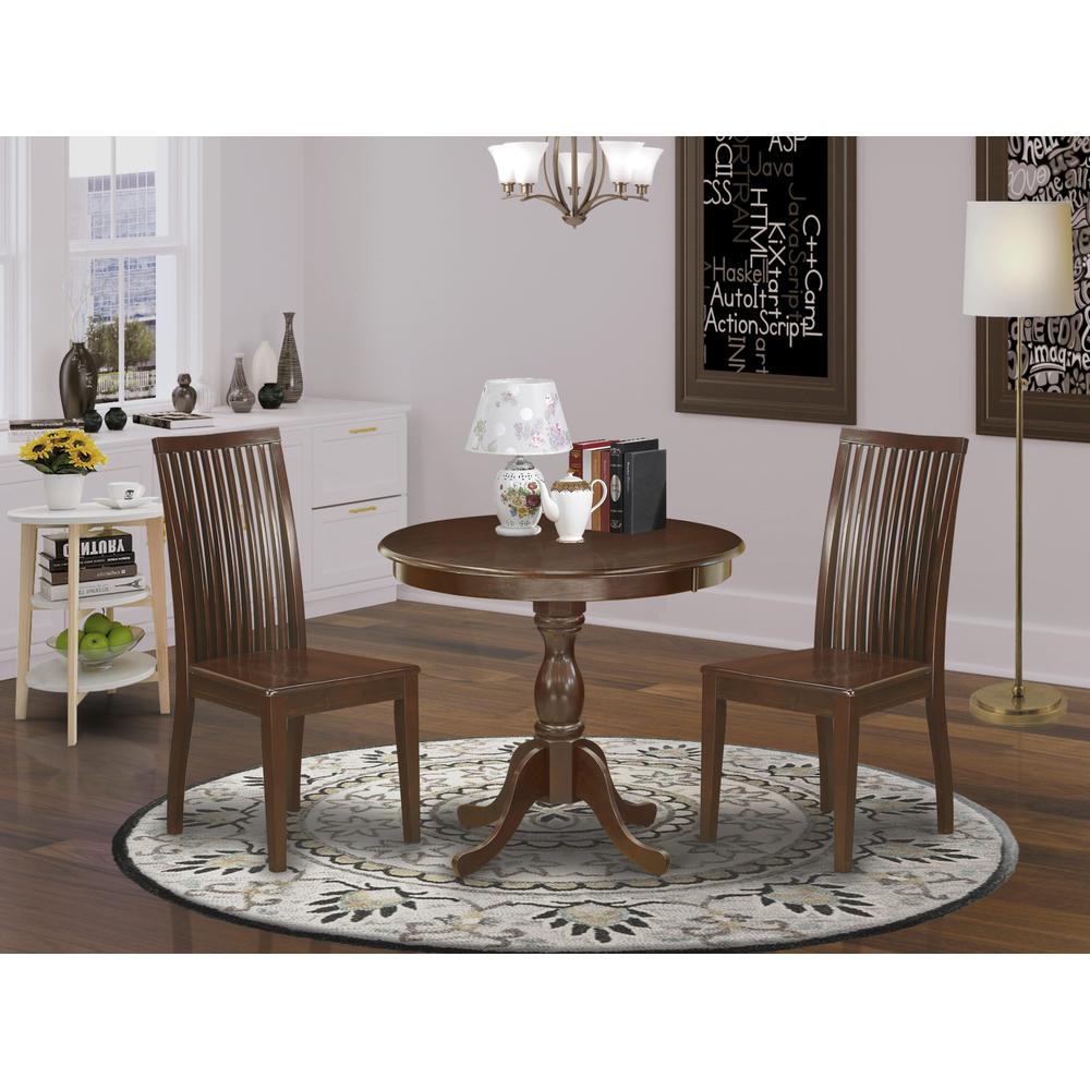 AMIP3-MAH-W 3 Piece Dining Table Set - 1 Pedestal Table and 2 Mahogany Dining Chairs - Mahogany Finish. Picture 7