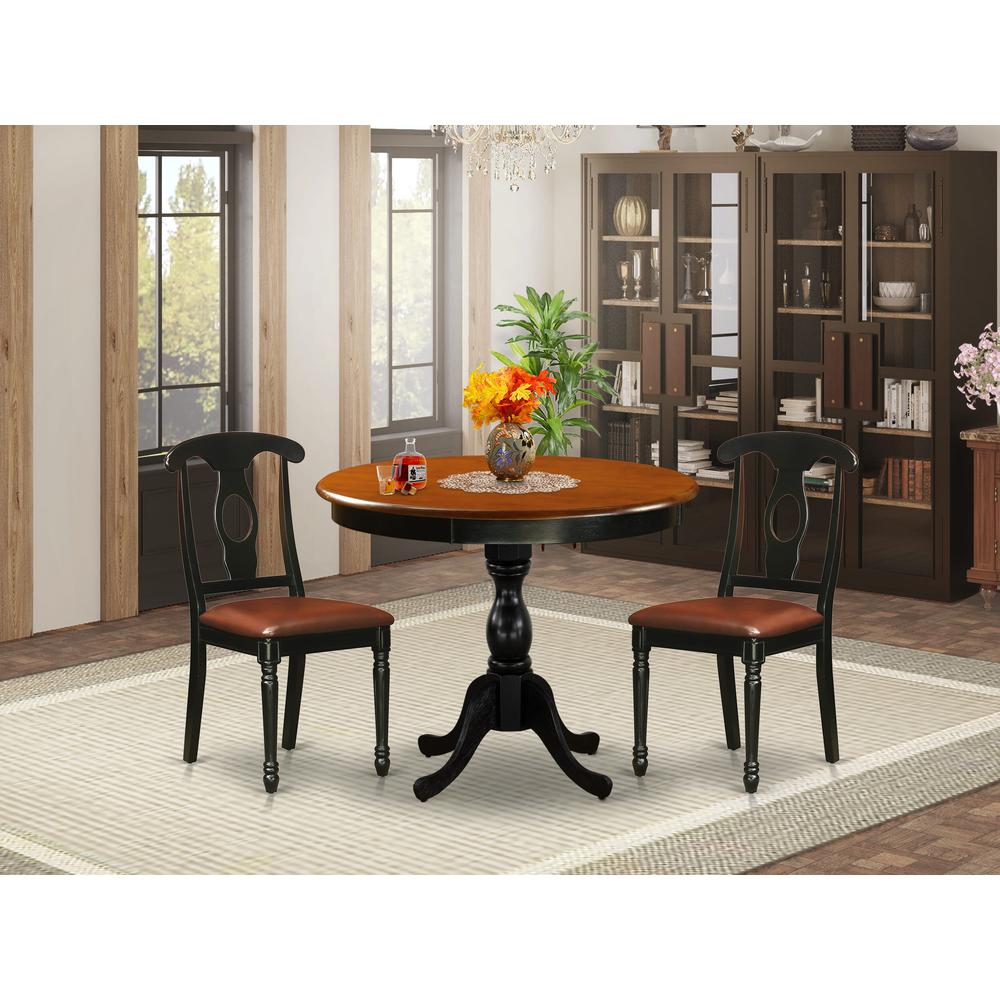 East West Furniture 3-Piece Table Set Contains a Dinner Table and 2 Faux Leather Mid Century Chairs with Napoleon Back - Black Finish. Picture 2