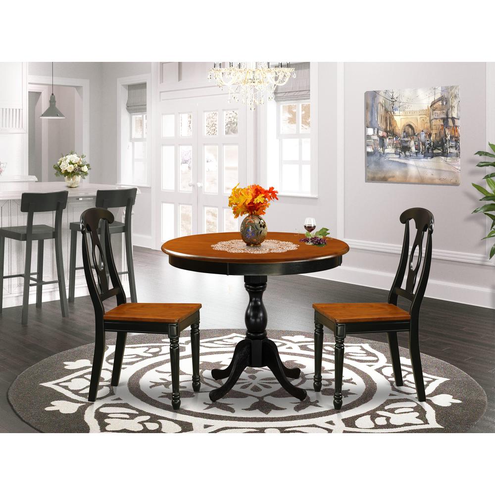 East West Furniture 3-Piece Dining Table Set Include a Dinner Table and 2 Dinning Chairs with Napoleon Back - Black Finish. Picture 2