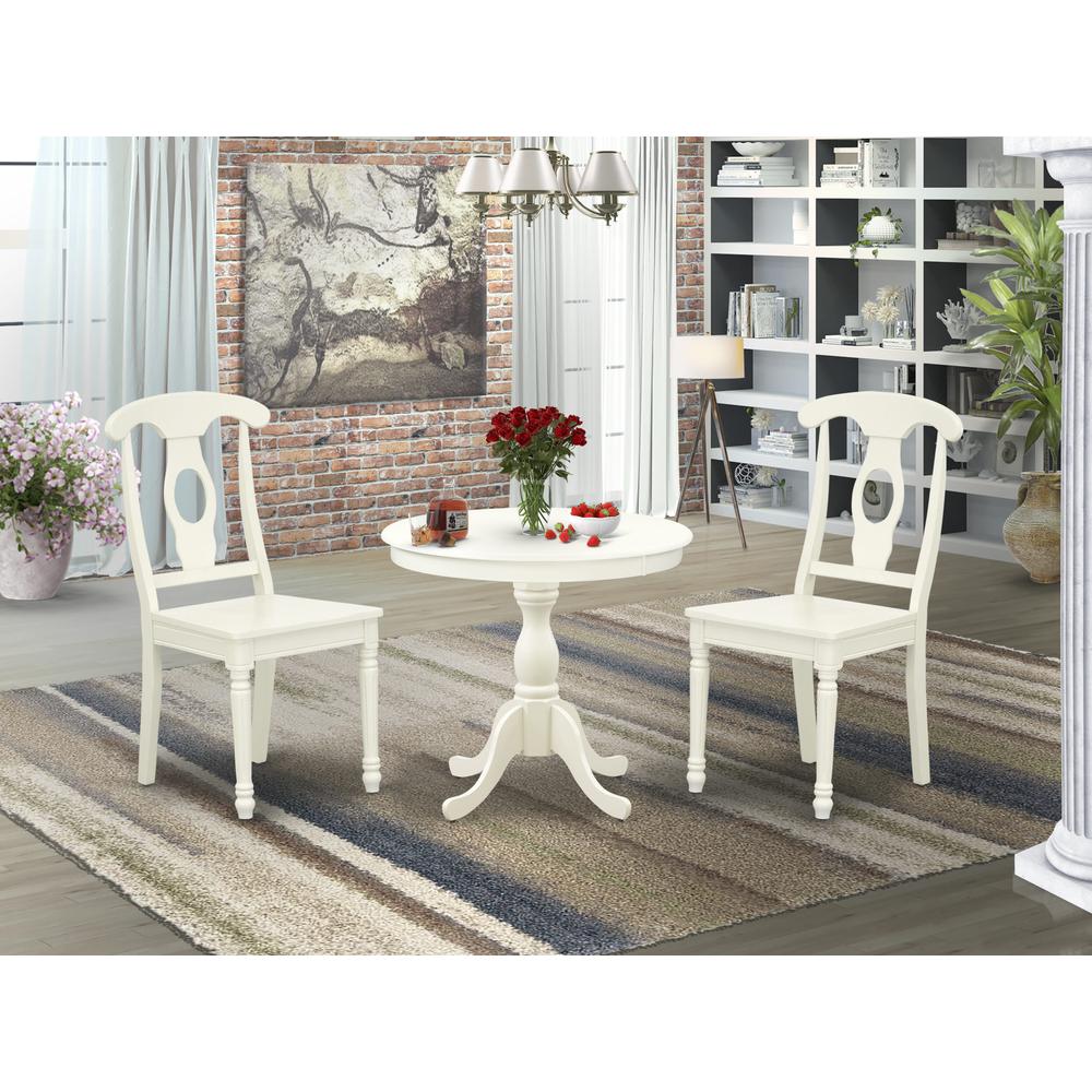 AMKE3-LWH-W 3 Piece Dining Set - 1 Pedestal Table and 2 Linen White Wooden Kitchen Chairs - Linen White Finish. Picture 7
