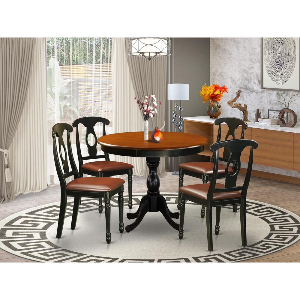 East West Furniture 5-Piece Dining Set Include a Dining Table and 4 Faux Leather Kitchen Chairs with Napoleon Back- Black Finish. Picture 2