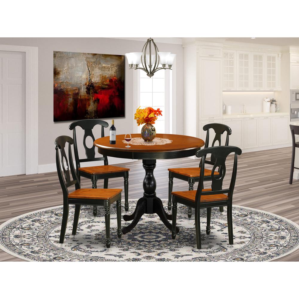 East West Furniture 5-Piece Dining Set Consist of Mid Century Table and 4 Kitchen Chairs with Napoleon Back - Black Finish. Picture 2