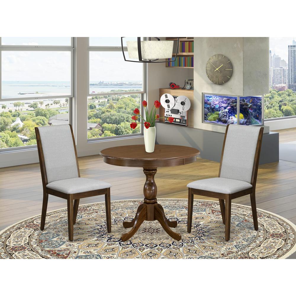 East West Furniture 3 Piece DINETTE SET Contains 1 Wood Dining Table and 2 Grey Linen Fabric Parsons Chair with High Back - Acacia Walnut Finish. Picture 2