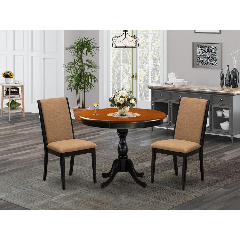 East West Furniture 3-Pc Dining Room Table Set Consists of a Dining Table and 2 Light Sable Linen Fabric Parsons Chairs with High Back - Black Finish. Picture 2