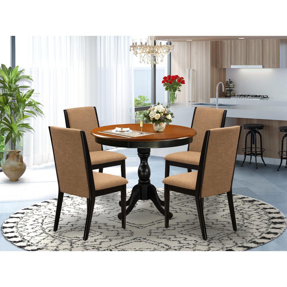 East West Furniture 5-Piece Dinning Room Set Contains a Round Dining Table and 4 Light Sable Linen Fabric Upholstered Dining Chairs with High Back - Black Finish. Picture 2