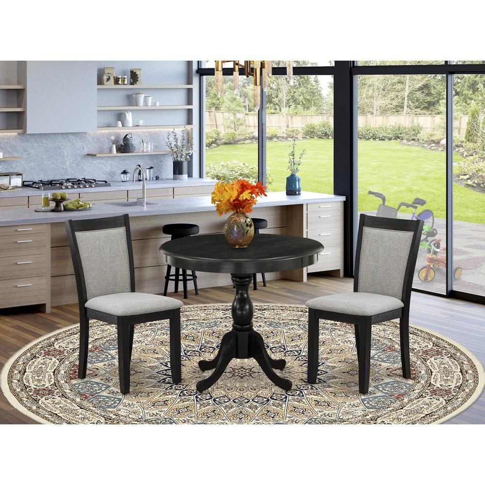 East West Furniture 3-Pc Dining Room Table Set Consists of a Wood Table and 2 Shitake Linen Fabric Parson Dining Chairs - Wire Brushed Black Finish. Picture 2