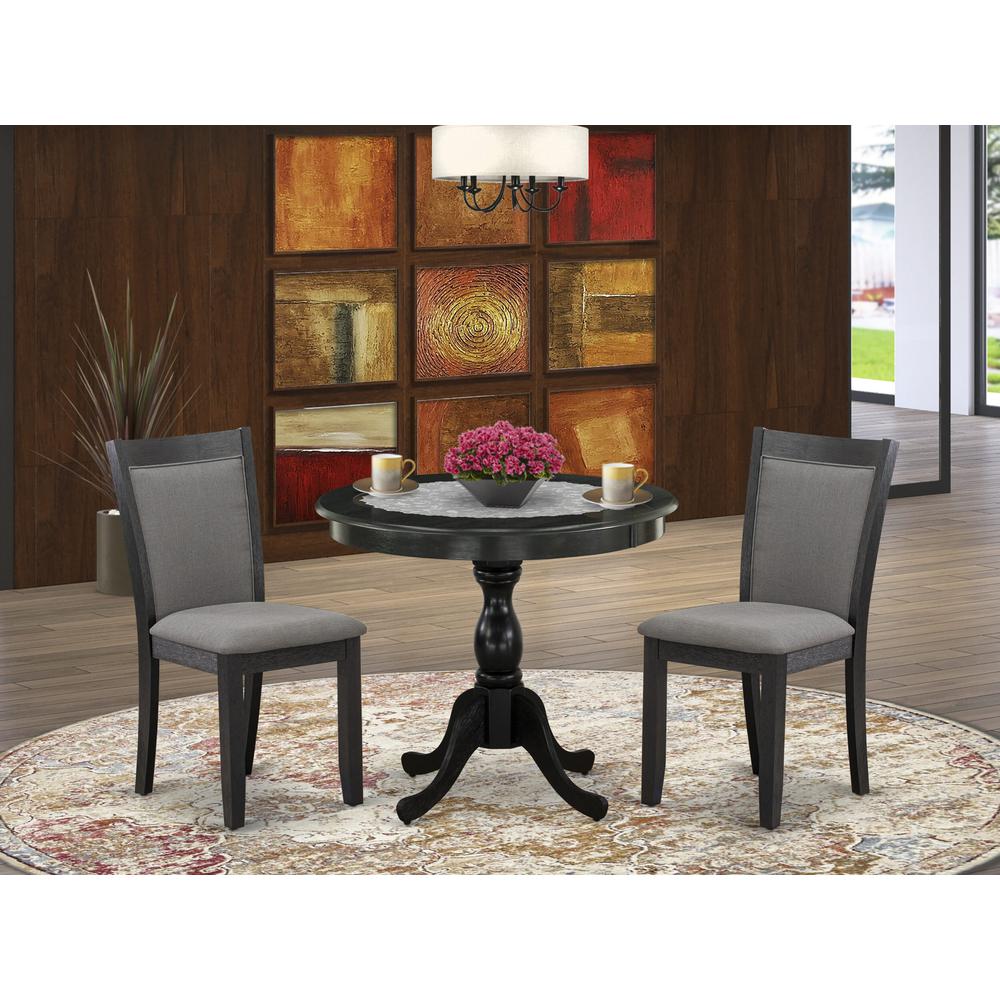 East West Furniture 3-Piece Dining Set Consists of a Round Pedestal Table with Drop Leaves and 2 Dark Gotham Grey Linen Fabric Dining Chairs - Wire Brushed Black Finish. Picture 2