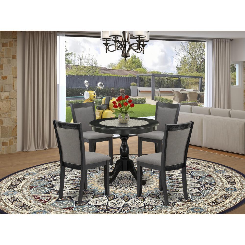 East West Furniture 5-Piece Dining Room Table Set Contains a Modern Dining Room Table and 4 Baby Blue Linen Fabric Dining Chairs - Wire Brushed Black Finish. Picture 2