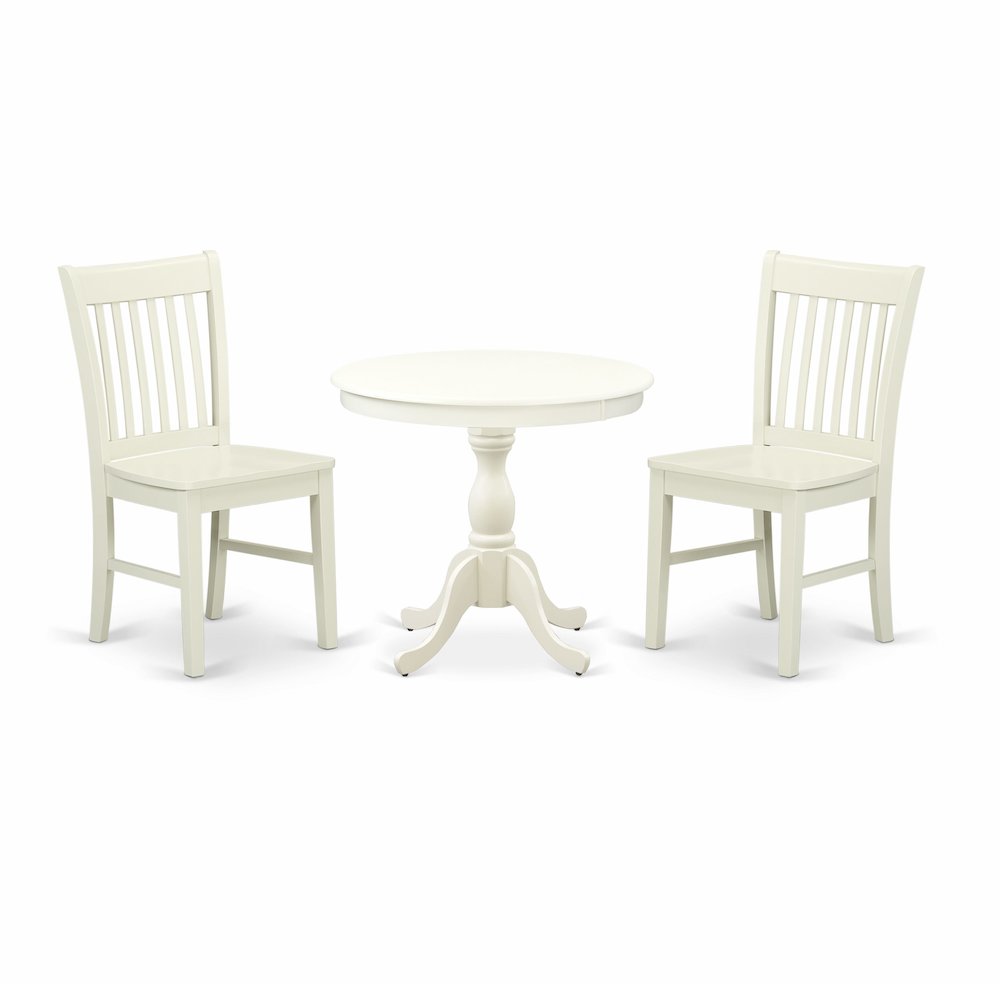 East West Furniture 3 Piece Dining Room Table Set Includes 1 Wood Dining Table and 2 Linen White Kitchen Chairs with Slatted Back - Linen White Finish. Picture 1