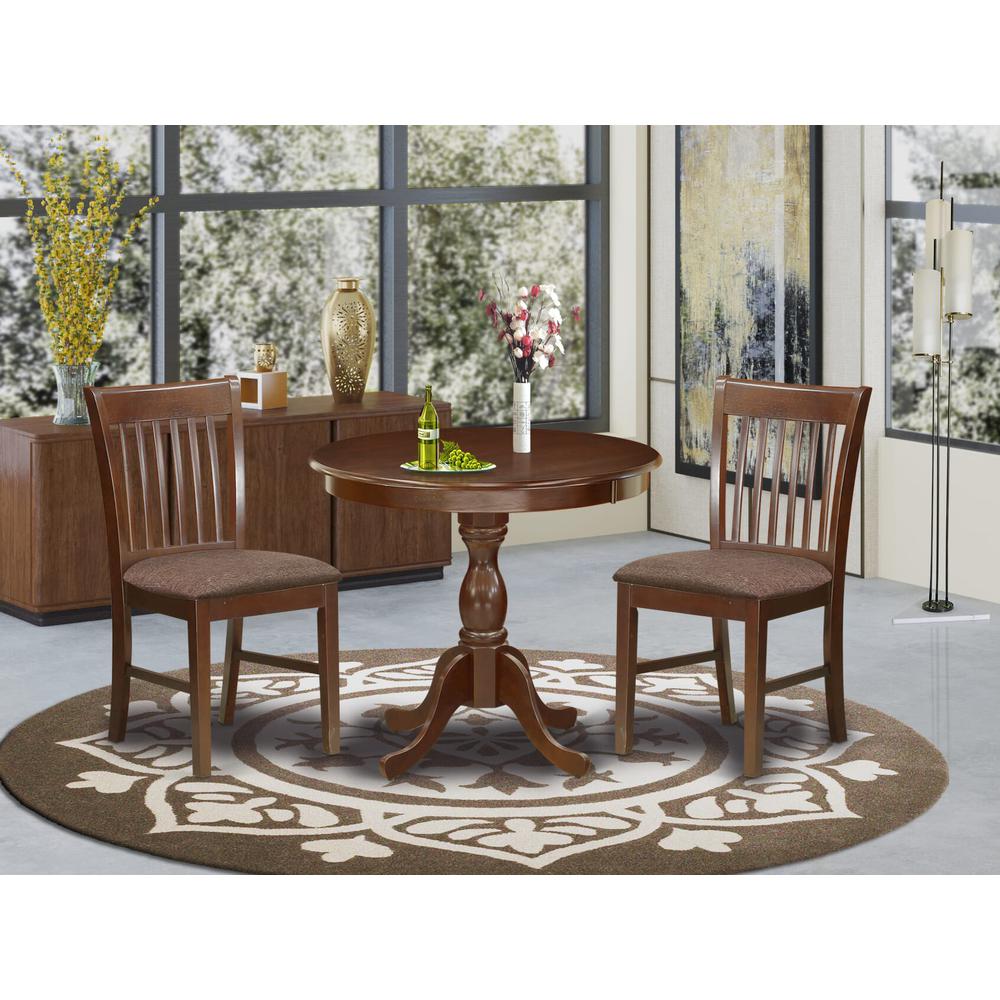 AMNF3-MAH-C 3 Piece Dining Table Set - 1 Round Pedestal Table and 2 Mahogany Dining Chairs - Mahogany Finish. Picture 4