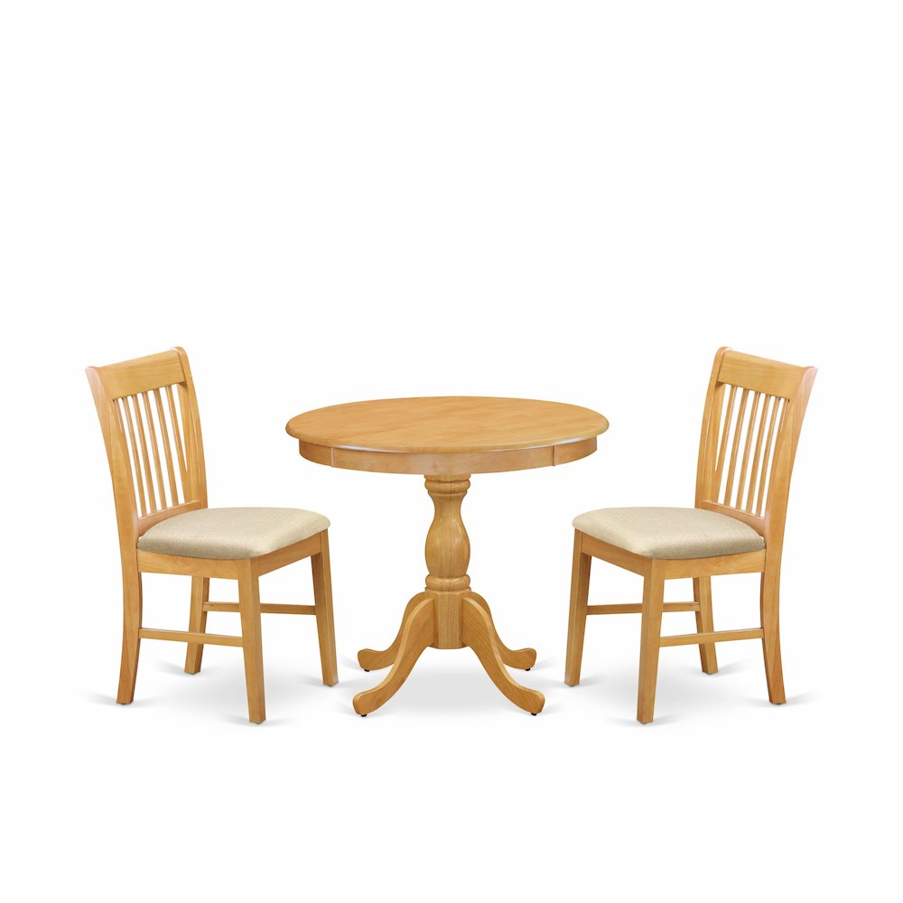 East West Furniture 3 Piece Dining Room Set Consists of 1 Wooden Dining Table and 2 Oak Linen Fabric Dining Room Chairs with Slatted Back - Oak Finish. Picture 1