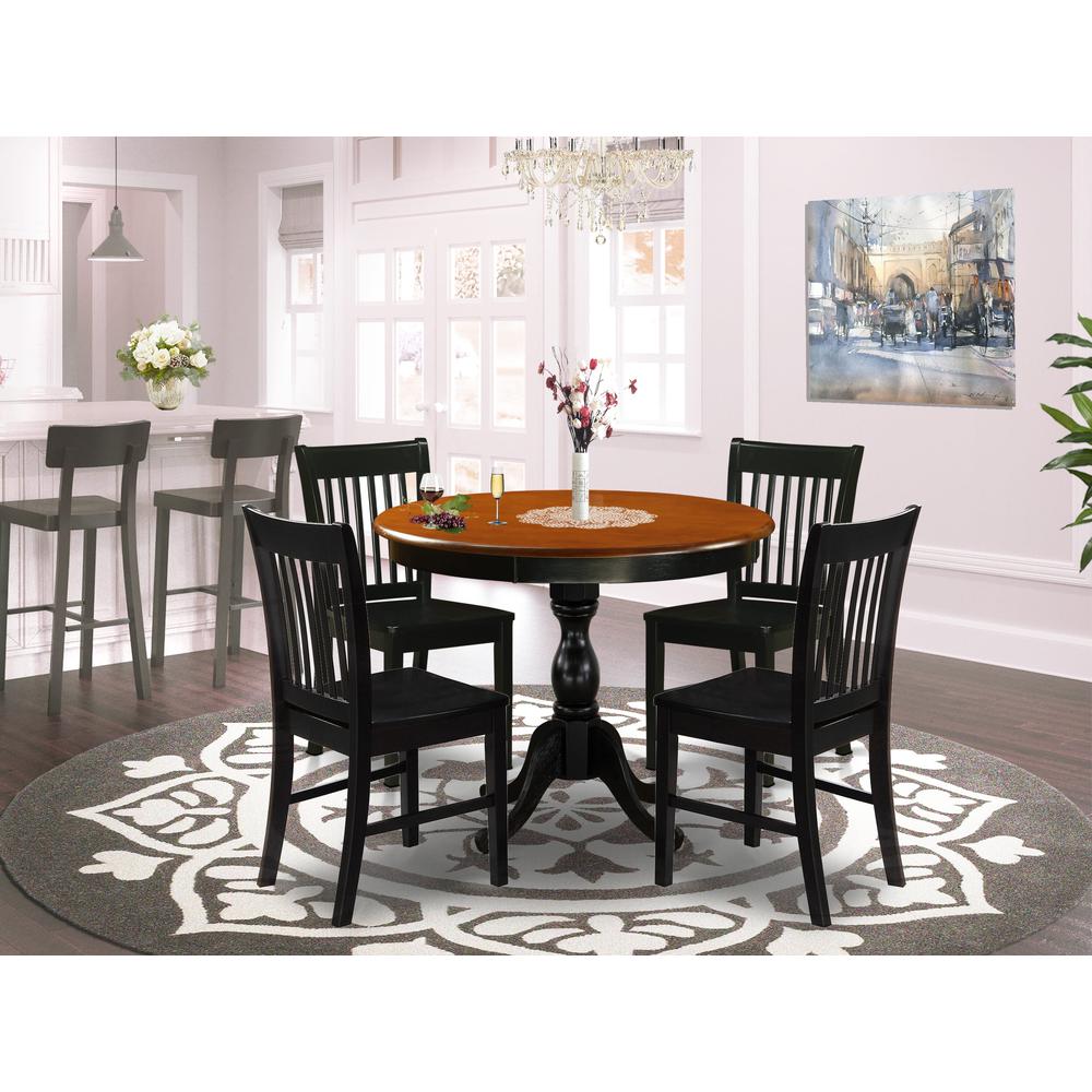 East West Furniture 5-Piece Dinning Table Set Consists of a Dining Table and 4 Wood Kitchen Chairs with Slatted Back - Black Finish. Picture 2
