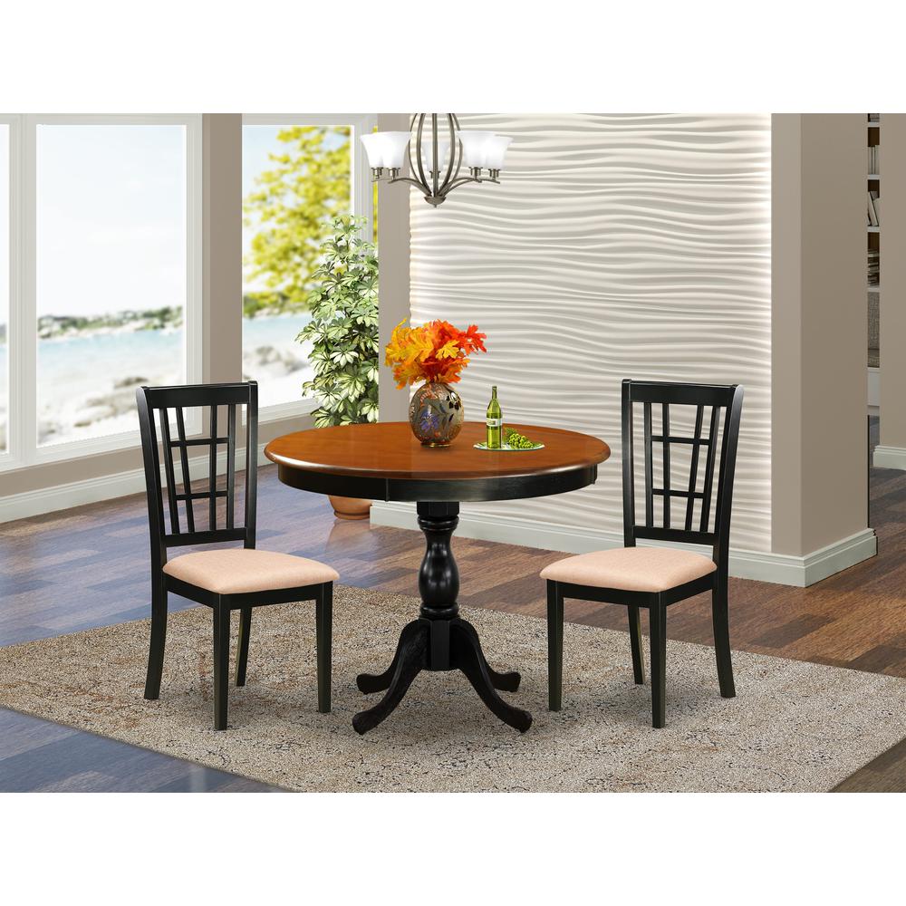 East West Furniture 3-Pc Dinning Table Set Consists of a Modern Kitchen Table and 2 Linen Fabric Mid Century Chairs with Slatted Back - Black Finish. Picture 2
