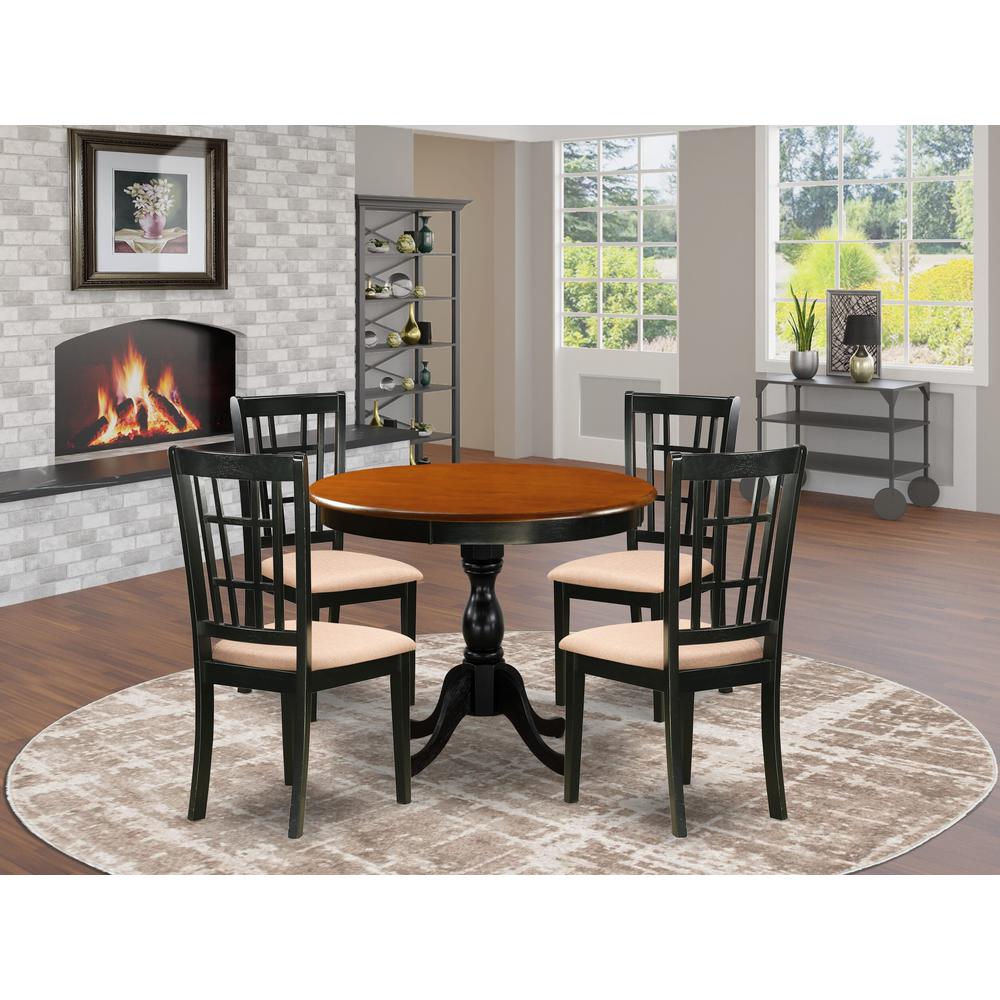 East West Furniture 5-Piece Modern Dining Set Consists of a Mid Century Dining Table and 4 Linen Fabric Dinning Room Chairs with Slatted Back - Black Finish. Picture 2