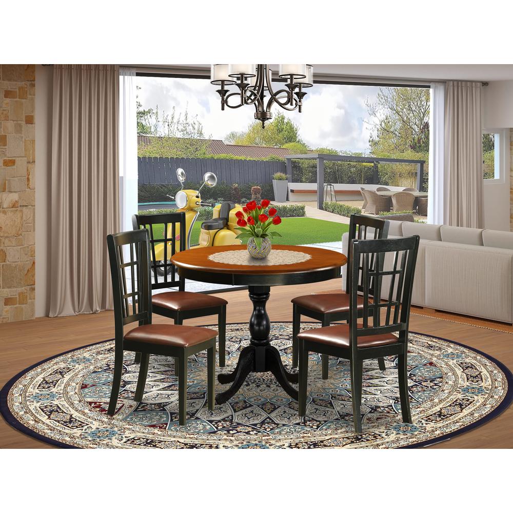 East West Furniture 5-Piece Dinette Set consisting of a Wood Table and 4 Faux Leather Dinner Chairs with Slatted Back- Black Finish. Picture 2