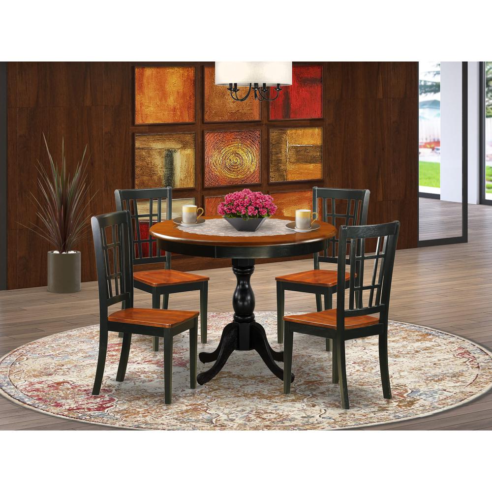 East West Furniture 5-Piece Dining Room Set Include a Wood Table and 4 Dining Chairs with Slatted Back - Black Finish. Picture 2