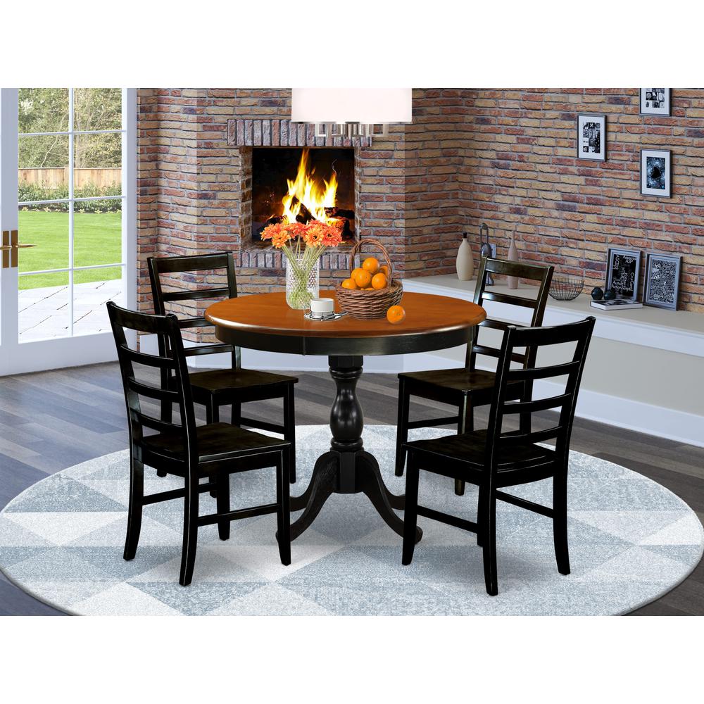 East West Furniture 5-Piece Kitchen Table Set Contains a Dinning Table and 4 Wooden Chairs with Ladder Back - Black Finish. Picture 2