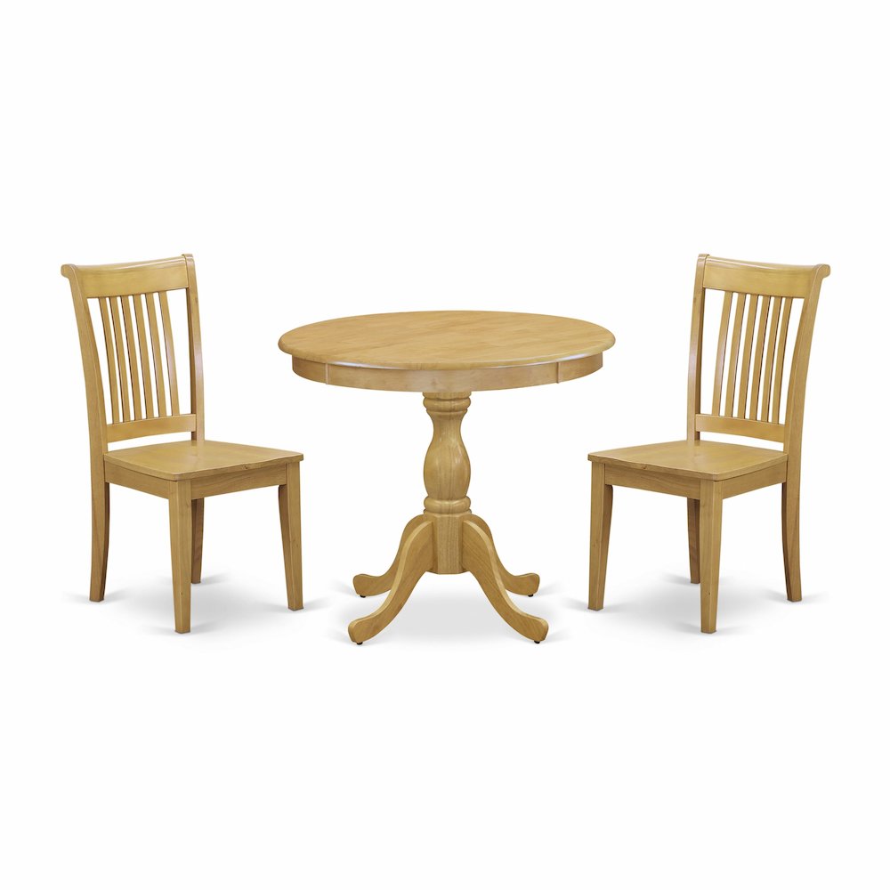 East West Furniture 3 Piece Dinette Set Includes 1 Wood Dining Table and 2 Oak Wood Dining Chairs with Slatted Back - Oak Finish. Picture 1