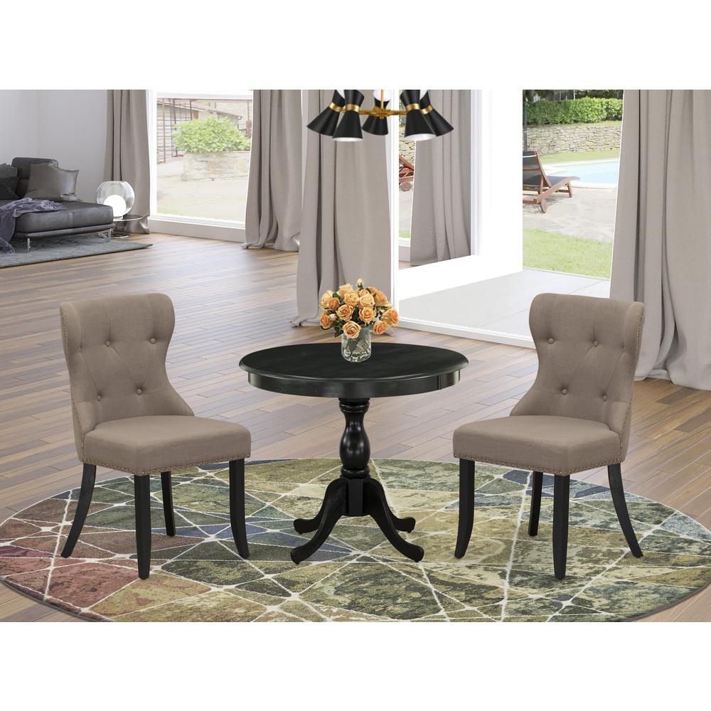 East West Furniture 3 Piece Dining Table Set Contains 1 Dining Room Table and 2 Coffee Linen Fabric Dining Chairs Button Tufted Back with Nail Heads - Wire Brushed Black Finish. Picture 2