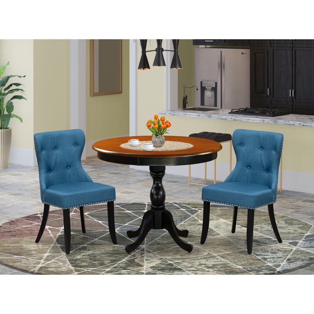 East West Furniture 3-Pc Dining Table Set Contains a Wood Dining Table and 2 Blue Linen Fabric Mid Century Modern Chairs with Button Tufted Back - Black Finish. Picture 2