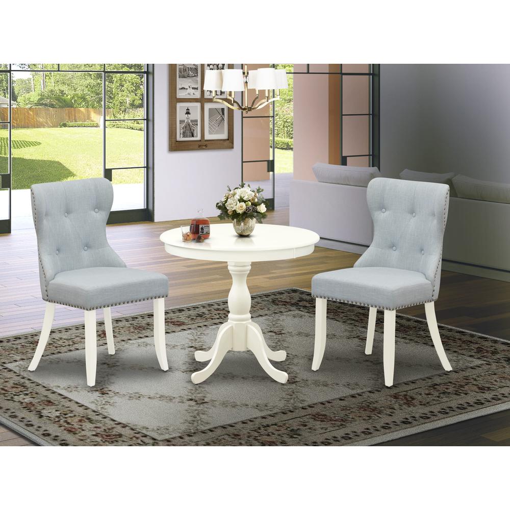 AMSI3-LWH-15 3 Piece Dining Table Set - 1 Pedestal Table and 2 Baby Blue parson chairs - Linen White Finish. Picture 8