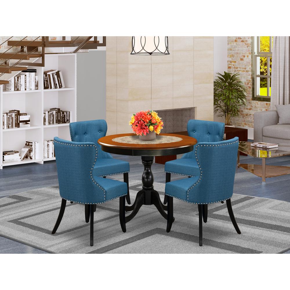 East West Furniture 5-Piece Dining Table Set Contains a Mid Century Dining Table and 4 Blue Linen Fabric Midcentury Modern Dining Chairs with Button Tufted Back - Black Finish. Picture 2
