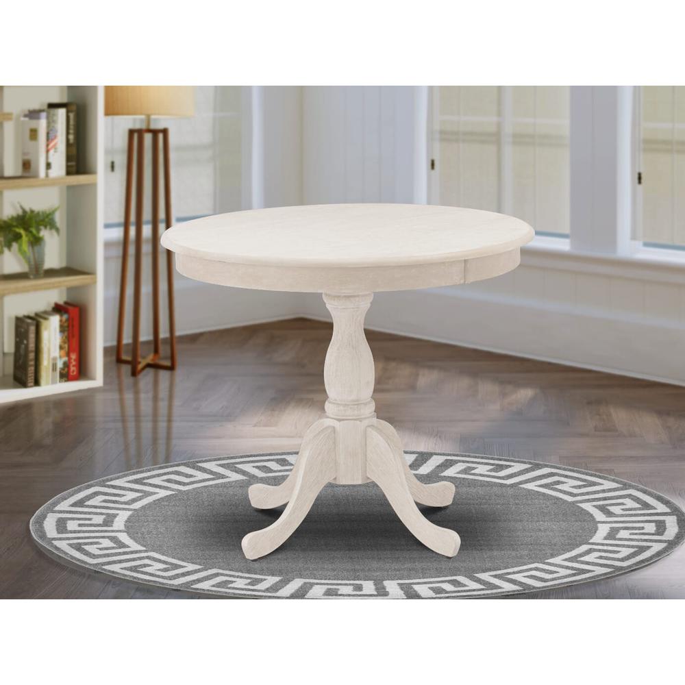 East West Furniture 1-Piece Round Dining Table with Round Wire Brush Butter Cream Table top and Wire Brush Butter Cream Pedestal Leg Finish. Picture 2