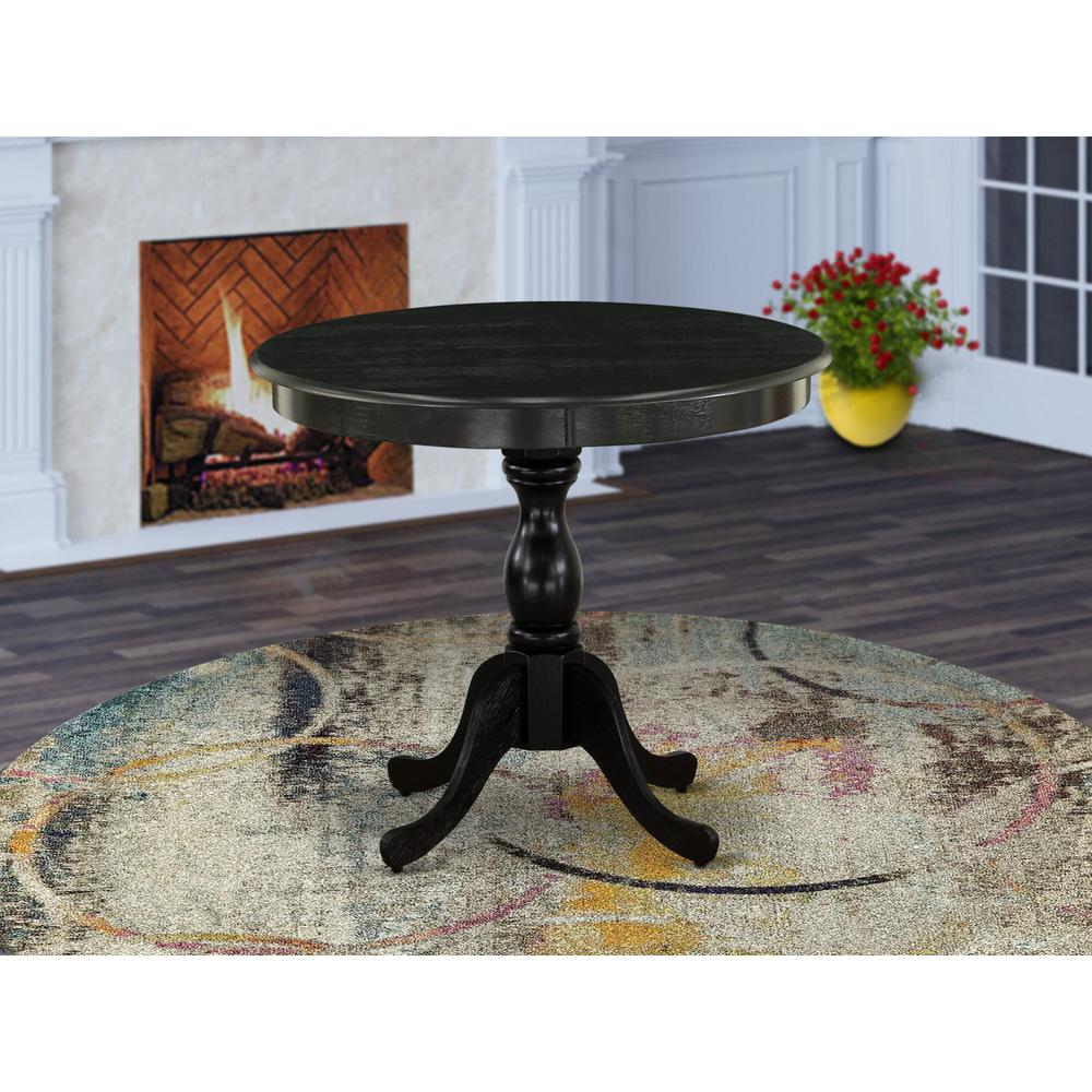 East West Furniture 1-Piece Modern Table with Round Wire Brushed Black Table top and Wire Brushed Black Pedestal Leg Finish. Picture 2