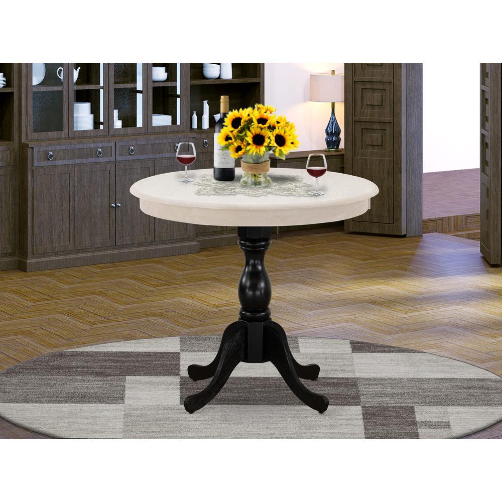 East West Furniture Antique 36" Round Kitchen Table for Compact Space - Wirebrushed Butter Cream Top & Black Pedestal. Picture 2