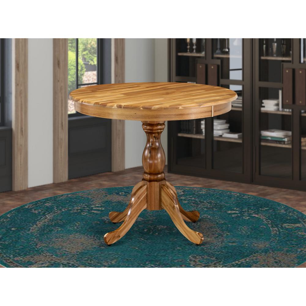 Round Dining Table Natural Acacia Color Table Top Surface and Asian Wood Round Table Pedestal Legs -Natural Acacia Finish. Picture 2