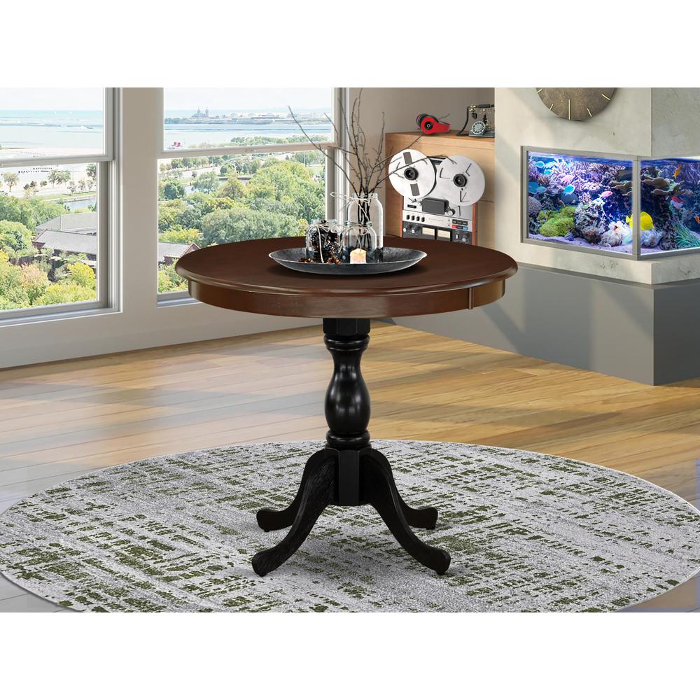 East West Furniture Antique 36" Round Dining Table for Compact Space - Mahogany Top & Black Pedestal. Picture 2