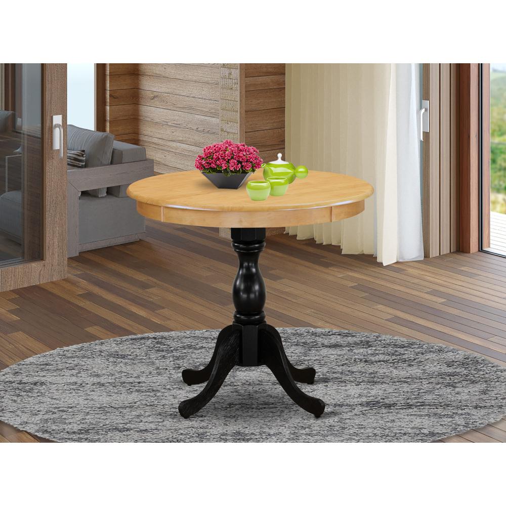 East West Furniture Antique 36" Round Dining Room Table for Small Space - Oak Top & Black Pedestal. Picture 2