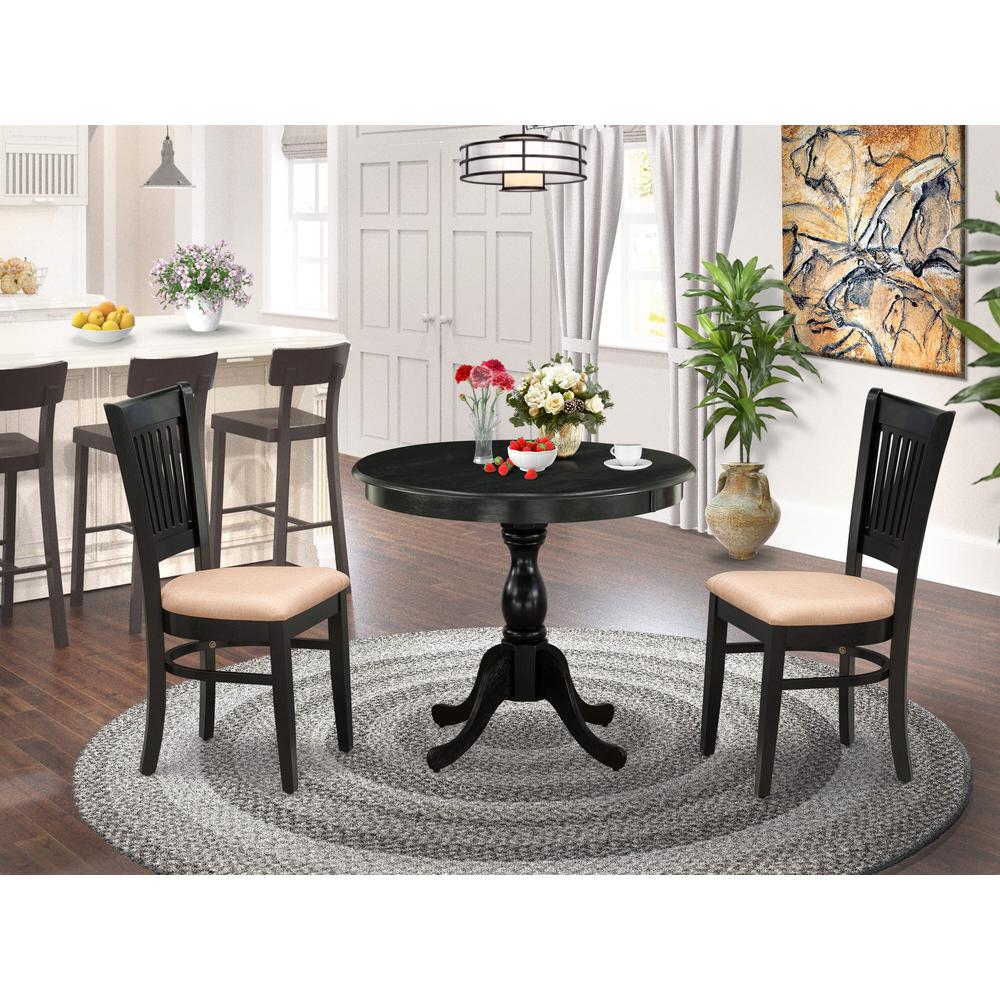 East West Furniture 3-Pc Modern Dining Table Set- 2 Wood Dining Chair and Dining Room Table - Linen Fabric Seat and Slatted Chair Back (Black Finish). Picture 2