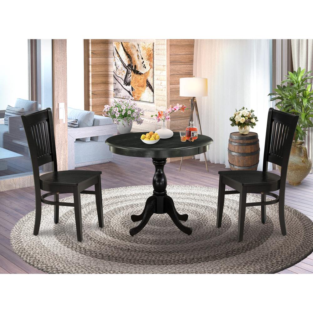 East West Furniture 3-Pc Dinette Room Set- 2 Modern Dining Room Chair and Kitchen Dining Table - Wooden Seat and Slatted Chair Back (Black Finish). Picture 2