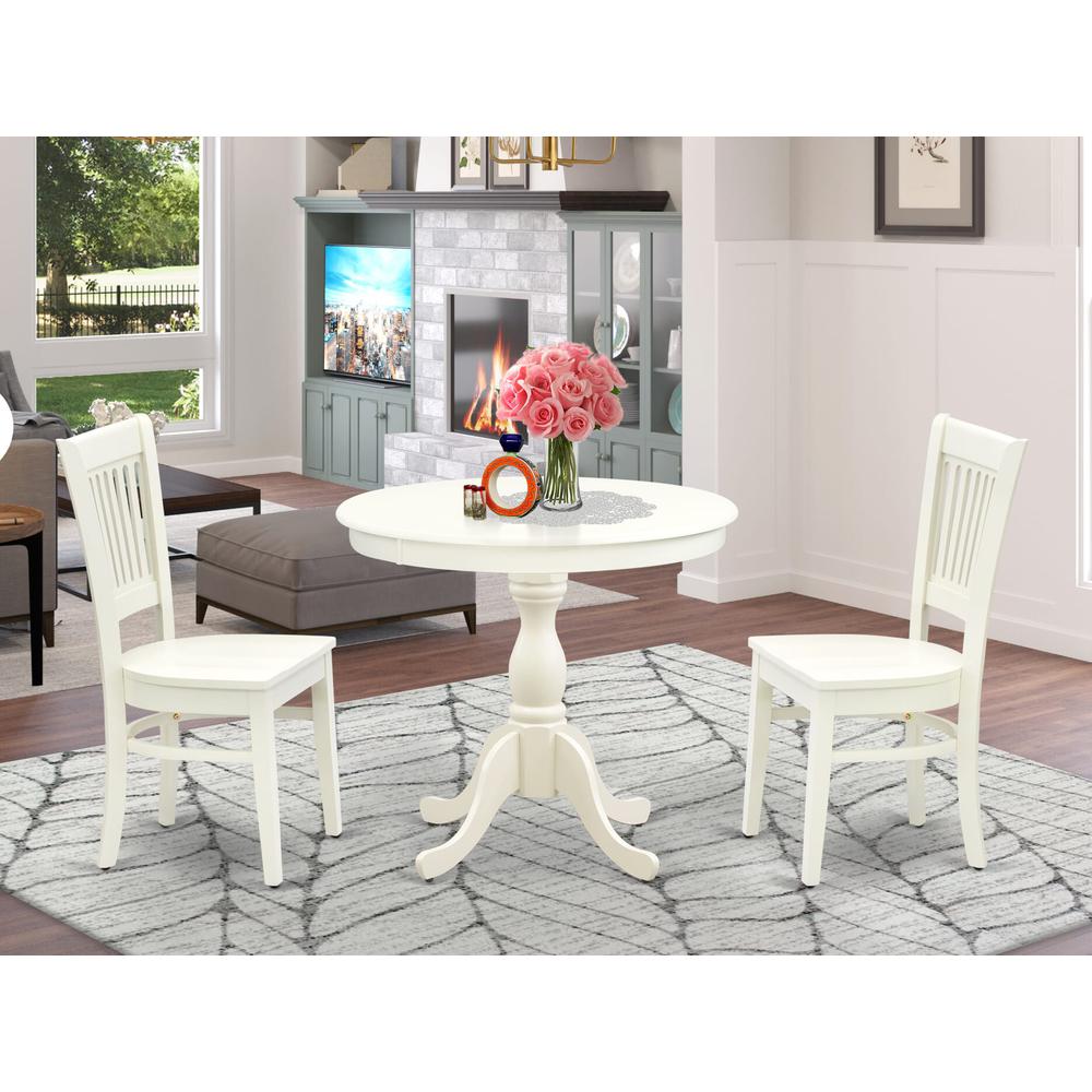 AMVA3-LWH-W - 3-Pc Dining Room Table Set- 2 Dining Room Chair and Dining Table - Wooden Seat and Slatted Chair Back (Linen White Finish). Picture 8