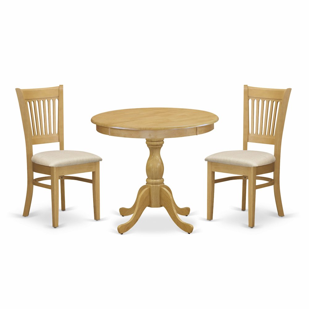 East West Furniture 3 Piece Dining Table Set Contains 1 Round Pedestal Table and 2 Oak Linen Fabric Wooden Kitchen Chairs with Slatted Back - Oak Finish. Picture 1