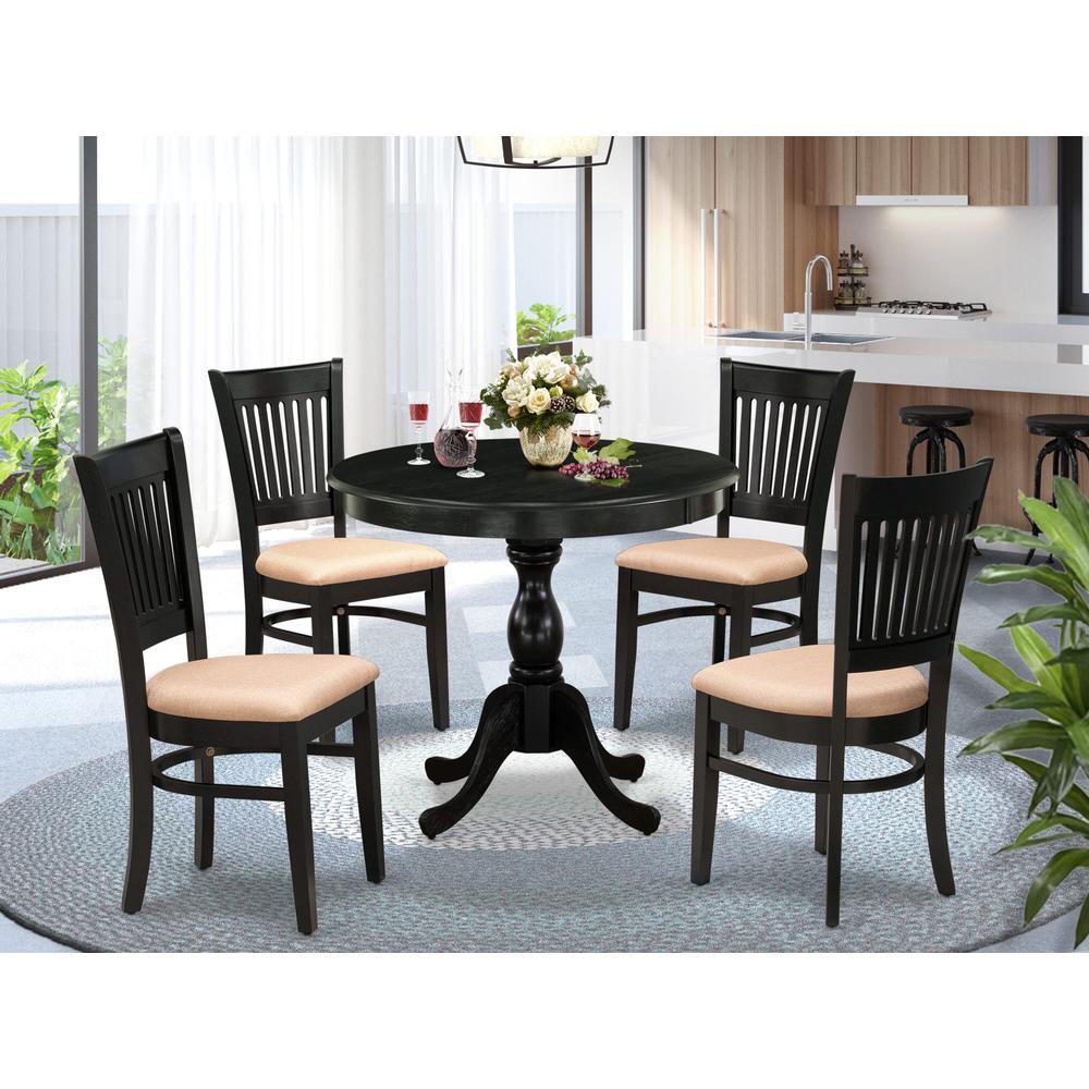 East West Furniture 5-Pc Dining Room Table Set- 4 Kitchen Chair and Modern dining room table - Linen Fabric Seat and Slatted Chair Back (Black Finish). Picture 2