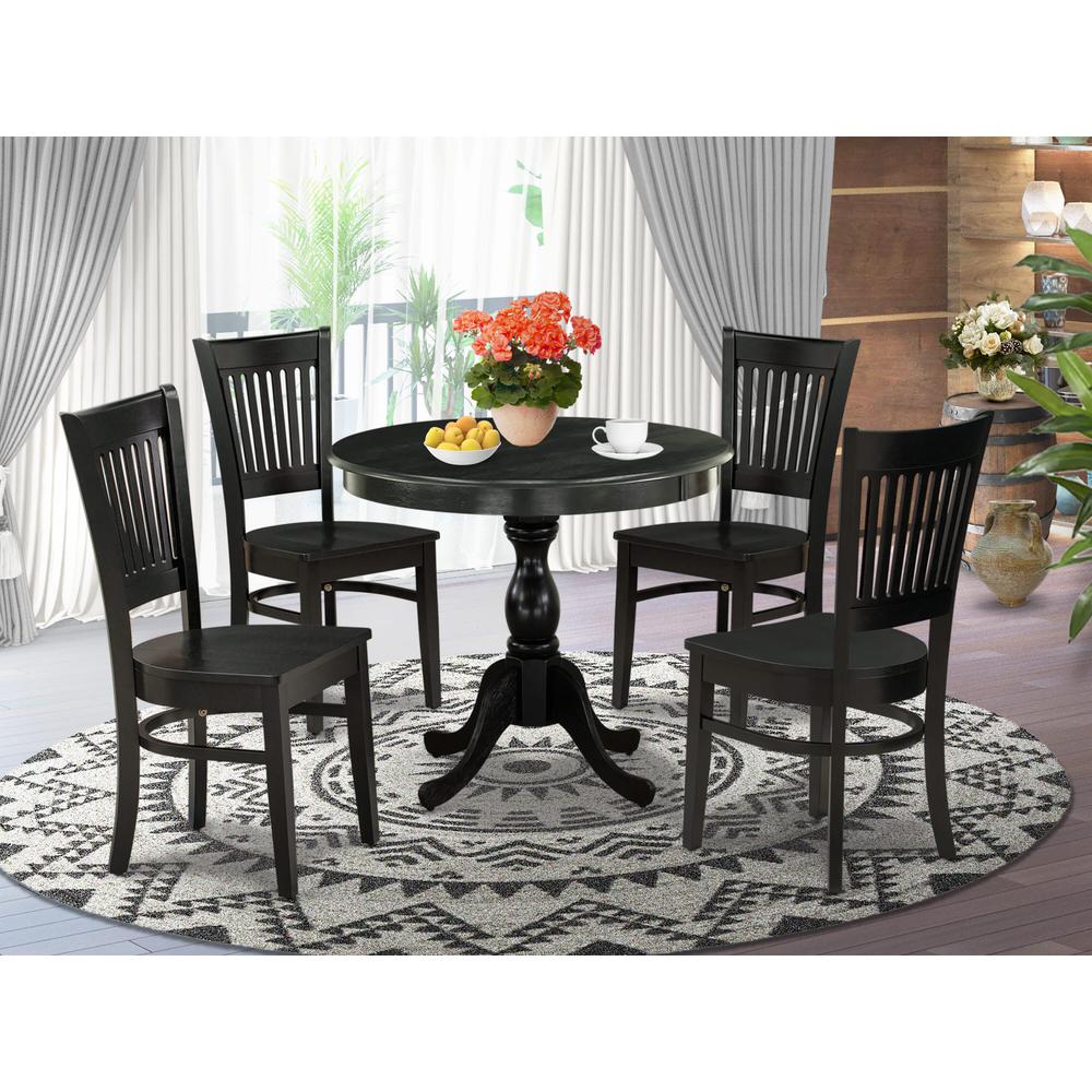 East West Furniture 5-Piece Kitchen Dining Set- 4 Dining Chair and Modern Round Dining Table - Wooden Seat and Slatted Chair Back (Black Finish). Picture 2